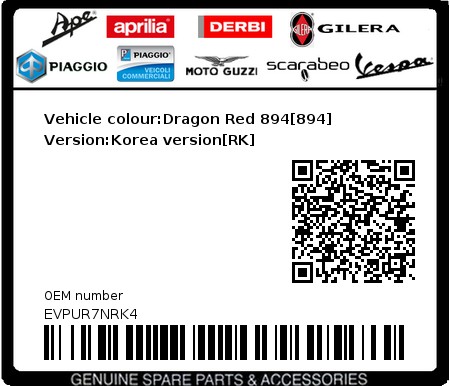 Product image: Vespa - EVPUR7NRK4 - Vehicle colour:Dragon Red 894[894]   Version:Korea version[RK] 