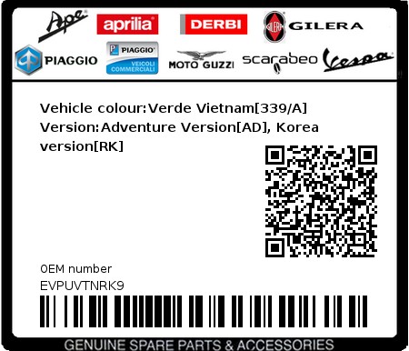 Product image: Vespa - EVPUVTNRK9 - Vehicle colour:Verde Vietnam[339/A]   Version:Adventure Version[AD], Korea version[RK] 