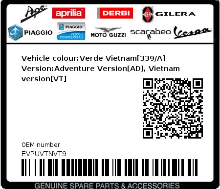 Product image: Vespa - EVPUVTNVT9 - Vehicle colour:Verde Vietnam[339/A]   Version:Adventure Version[AD], Vietnam version[VT] 