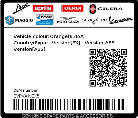 Product image: Vespa - EVPVAINEX5 - Vehicle colour:Orange[938/A]   Country:Export Version[EX]   Version:ABS Version[ABS]  0