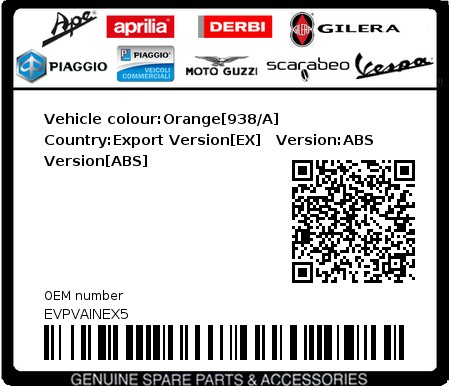 Product image: Vespa - EVPVAINEX5 - Vehicle colour:Orange[938/A]   Country:Export Version[EX]   Version:ABS Version[ABS] 