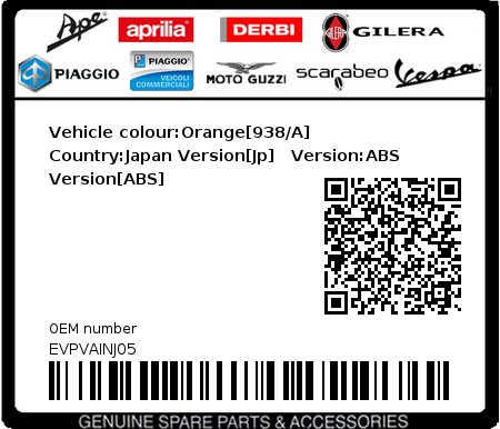 Product image: Vespa - EVPVAINJ05 - Vehicle colour:Orange[938/A]   Country:Japan Version[Jp]   Version:ABS Version[ABS] 