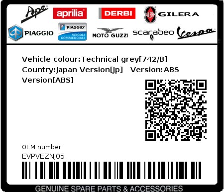 Product image: Vespa - EVPVEZNJ05 - Vehicle colour:Technical grey[742/B]   Country:Japan Version[Jp]   Version:ABS Version[ABS]  0