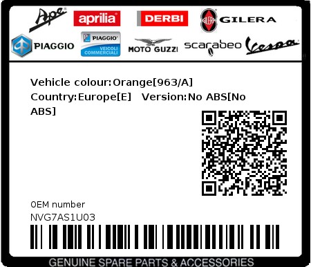 Product image: Vespa - NVG7AS1U03 - Vehicle colour:Orange[963/A]   Country:Europe[E]   Version:No ABS[No ABS]  0