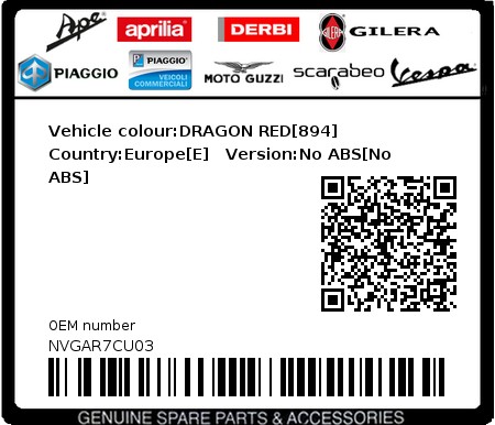 Product image: Vespa - NVGAR7CU03 - Vehicle colour:DRAGON RED[894]   Country:Europe[E]   Version:No ABS[No ABS]  0