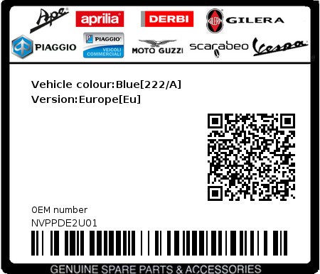 Product image: Vespa - NVPPDE2U01 - Vehicle colour:Blue[222/A]   Version:Europe[Eu]  0