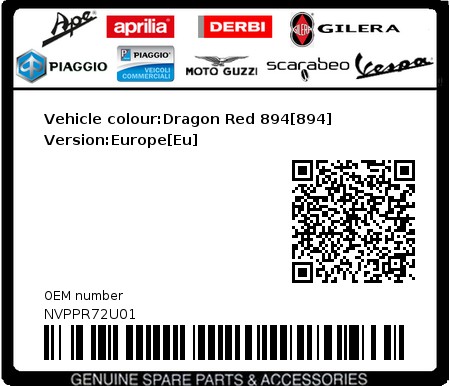 Product image: Vespa - NVPPR72U01 - Vehicle colour:Dragon Red 894[894]   Version:Europe[Eu]  0