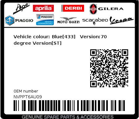 Product image: Vespa - NVPPT6AU09 - Vehicle colour: Blue[433]   Version:70 degree Version[ST]  0