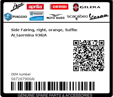 Product image: Vespa - S67267900AI - Side Fairing, right, orange, Suffix: AI_taormina 938/A  0
