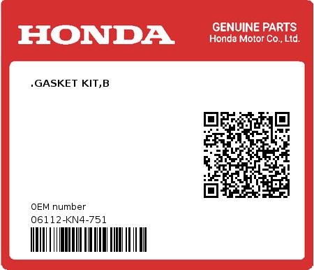 Product image: Honda - 06112-KN4-751 - .GASKET KIT,B  0