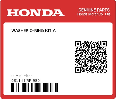 Product image: Honda - 06114-KRP-980 - WASHER O-RING KIT A  0