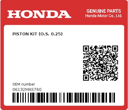 Product image: Honda - 06132MAS760 - PISTON KIT (O.S. 0.25)  0