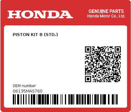 Product image: Honda - 06135MAS760 - PISTON KIT B (STD.)  0