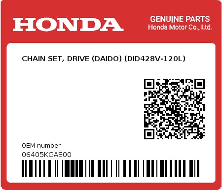 Product image: Honda - 06405KGAE00 - CHAIN SET, DRIVE (DAIDO) (DID428V-120L) 