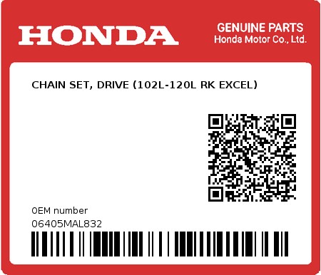 Product image: Honda - 06405MAL832 - CHAIN SET, DRIVE (102L-120L RK EXCEL) 