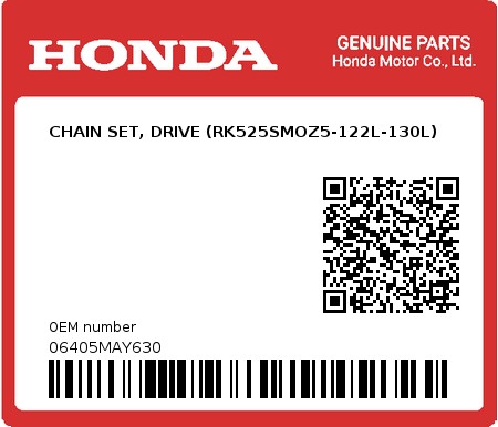 Product image: Honda - 06405MAY630 - CHAIN SET, DRIVE (RK525SMOZ5-122L-130L)  0