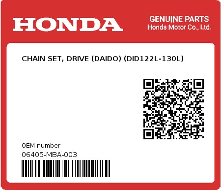 Product image: Honda - 06405-MBA-003 - CHAIN SET, DRIVE (DAIDO) (DID122L-130L) 