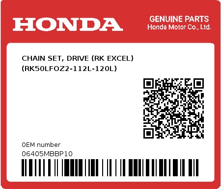 Product image: Honda - 06405MBBP10 - CHAIN SET, DRIVE (RK EXCEL) (RK50LFOZ2-112L-120L)  0