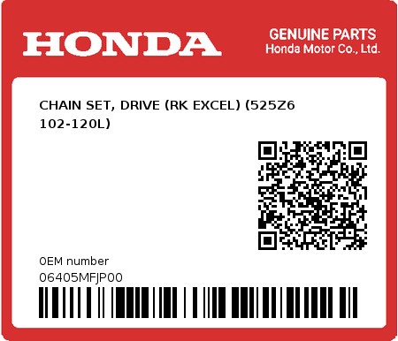 Product image: Honda - 06405MFJP00 - CHAIN SET, DRIVE (RK EXCEL) (525Z6 102-120L)  0