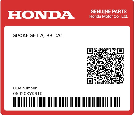 Product image: Honda - 06420KYK910 - SPOKE SET A, RR. (A1  0