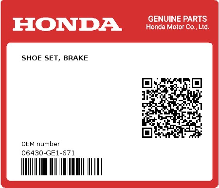 Product image: Honda - 06430-GE1-671 - SHOE SET, BRAKE 