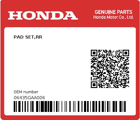 Product image: Honda - 06435GAA006 - PAD SET,RR  0