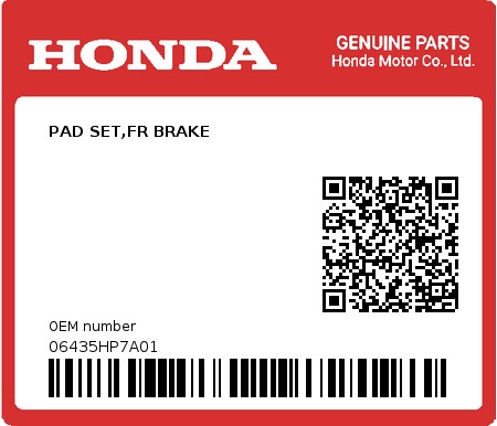 Product image: Honda - 06435HP7A01 - PAD SET,FR BRAKE  0