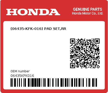 Product image: Honda - 06435KFK016 - (06435-KFK-016) PAD SET,RR 