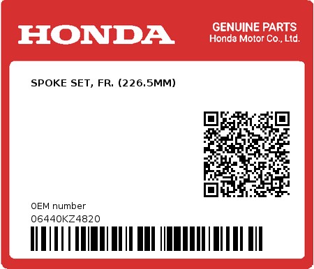Product image: Honda - 06440KZ4820 - SPOKE SET, FR. (226.5MM)  0
