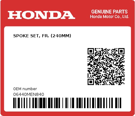 Product image: Honda - 06440MEN840 - SPOKE SET, FR. (240MM)  0