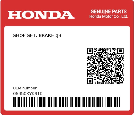 Product image: Honda - 06450KYK910 - SHOE SET, BRAKE (JB  0