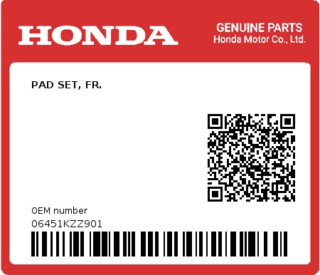 Product image: Honda - 06451KZZ901 - PAD SET, FR.  0
