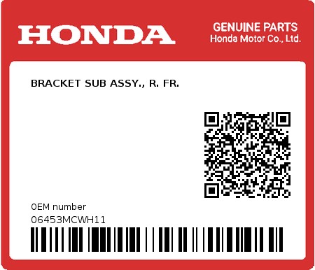 Product image: Honda - 06453MCWH11 - BRACKET SUB ASSY., R. FR.  0