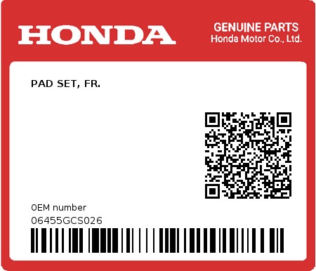 Product image: Honda - 06455GCS026 - PAD SET, FR. 