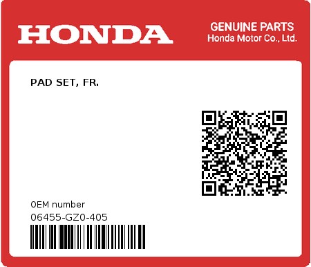 Product image: Honda - 06455-GZ0-405 - PAD SET, FR.  0