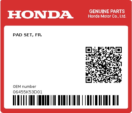 Product image: Honda - 06455K53D01 - PAD SET, FR.  0