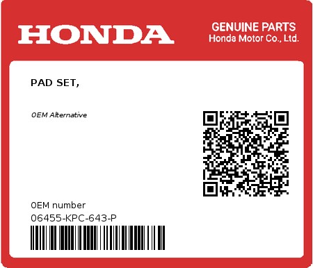 Product image: Honda - 06455-KPC-643-P - PAD SET,  0