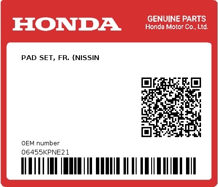 Product image: Honda - 06455KPNE21 - PAD SET, FR. (NISSIN 