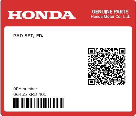Product image: Honda - 06455-KR3-405 - PAD SET, FR.  0