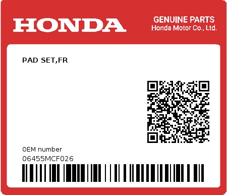 Product image: Honda - 06455MCF026 - PAD SET,FR 