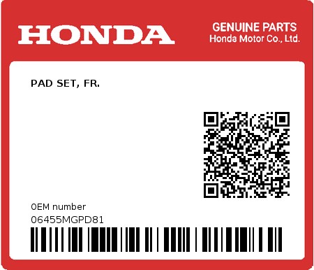 Product image: Honda - 06455MGPD81 - PAD SET, FR.  0