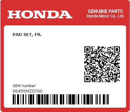 Product image: Honda - 06455MZ0760 - PAD SET, FR. 