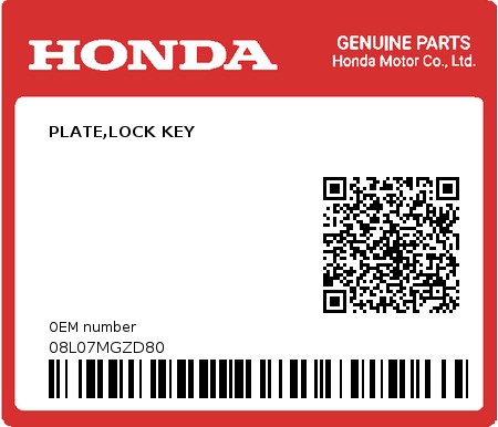 Product image: Honda - 08L07MGZD80 - PLATE,LOCK KEY 