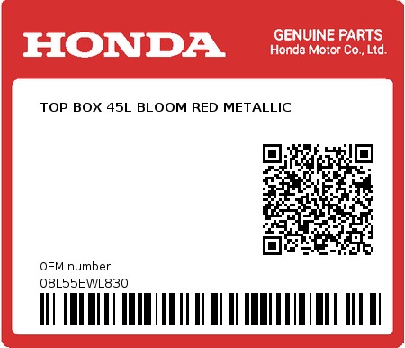 Product image: Honda - 08L55EWL830 - TOP BOX 45L BLOOM RED METALLIC 