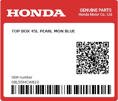 Product image: Honda - 08L55MCW820 - TOP BOX 45L PEARL MON BLUE 