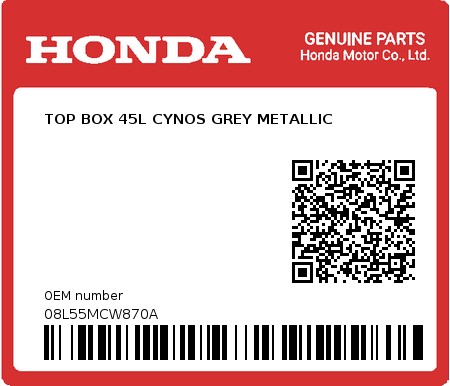 Product image: Honda - 08L55MCW870A - TOP BOX 45L CYNOS GREY METALLIC  0