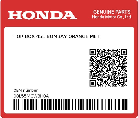 Product image: Honda - 08L55MCW8H0A - TOP BOX 45L BOMBAY ORANGE MET 