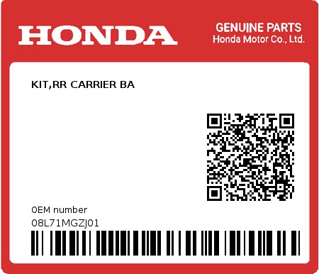 Product image: Honda - 08L71MGZJ01 - KIT,RR CARRIER BA  0