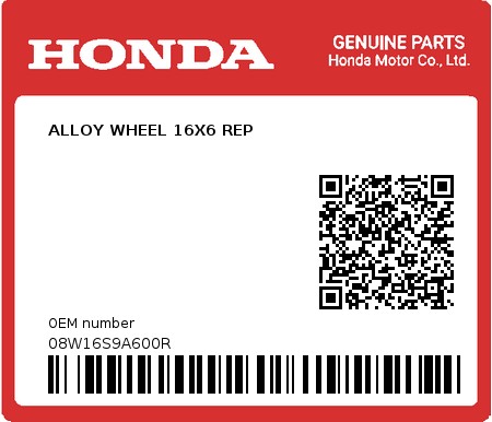 Product image: Honda - 08W16S9A600R - ALLOY WHEEL 16X6 REP  0