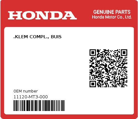 Product image: Honda - 11120-MT3-000 - .KLEM COMPL., BUIS  0
